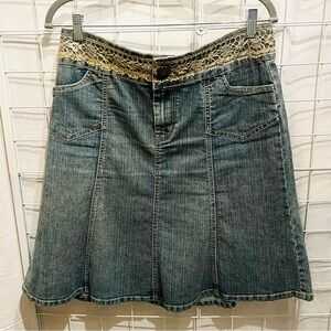 Vintage Jolte Blue Denim Skirt with Gold Lace waistband. Fun mini! Size 11